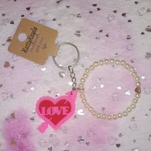 Pearl Bracelet with Pink Heart Keychain